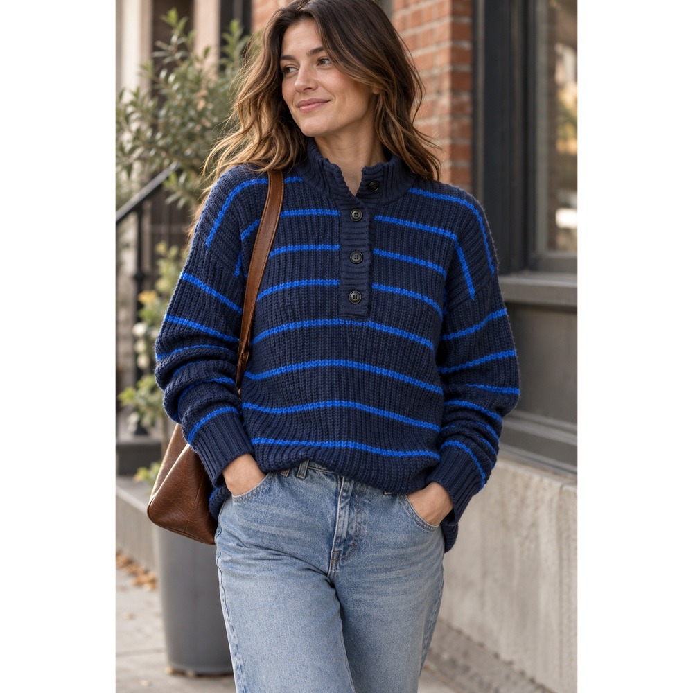 Toad&Co Moss Point Henley Recycled Wool Striped Sweater Navy Blue Large